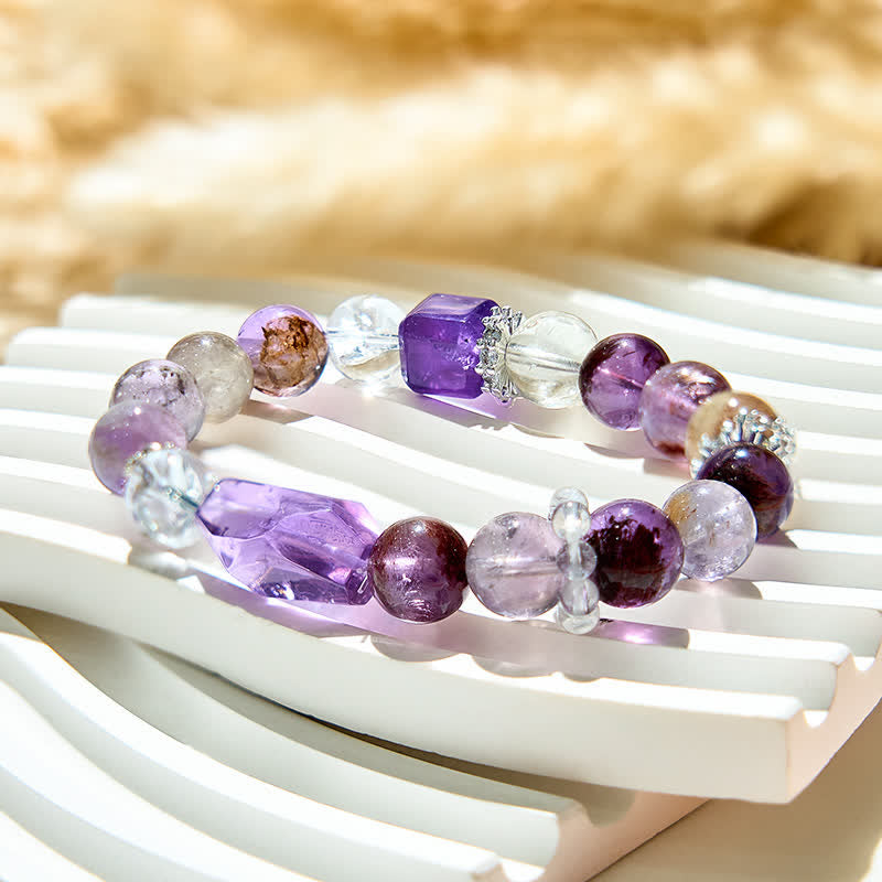 Bracelet chaîne en métal avec perles en cristal transparent améthyste Olivenorma