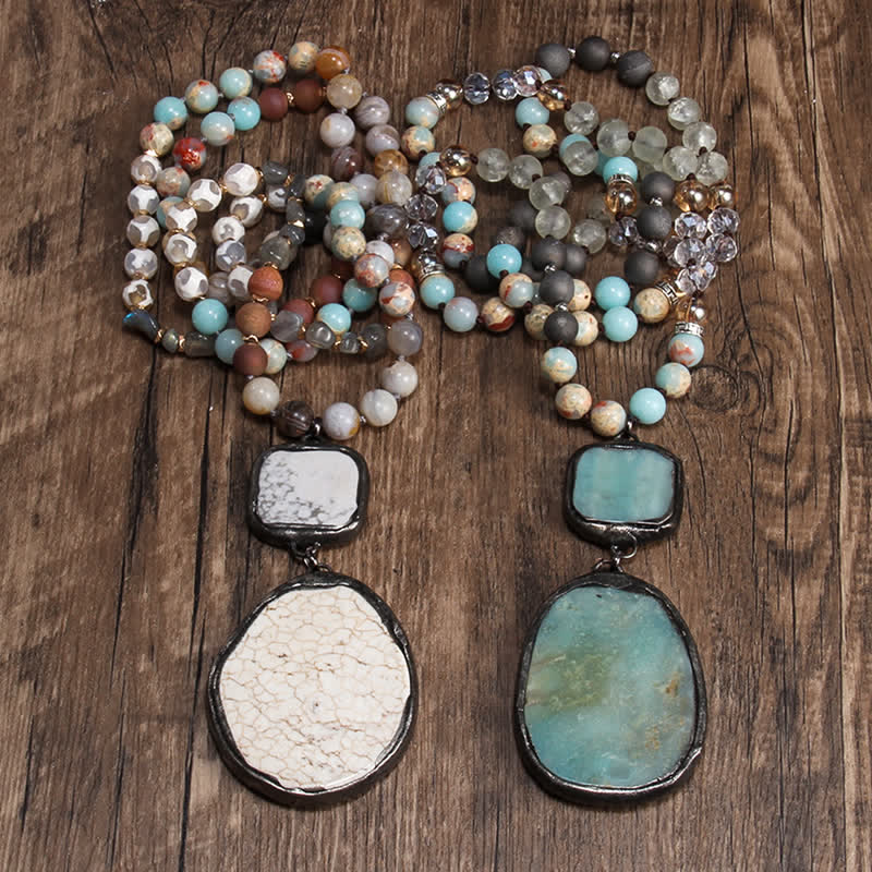 Collier pendentif en perles d'agate blanche et turquoise de 8 mm Olivenorma