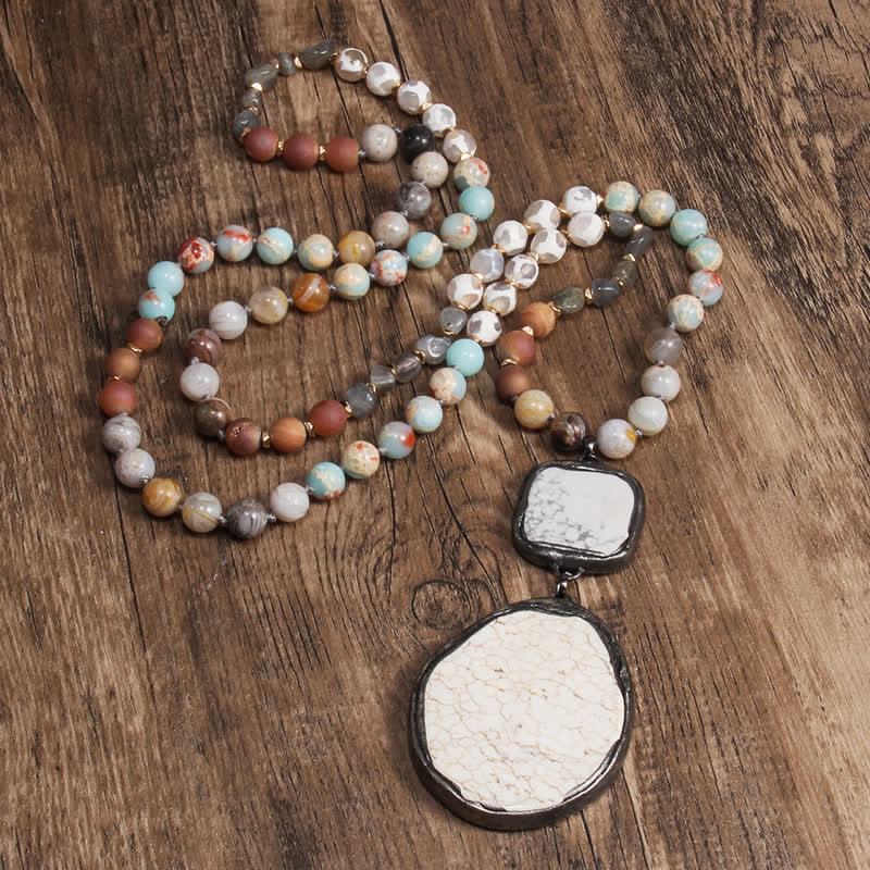 Collier pendentif en perles d'agate blanche et turquoise de 8 mm Olivenorma