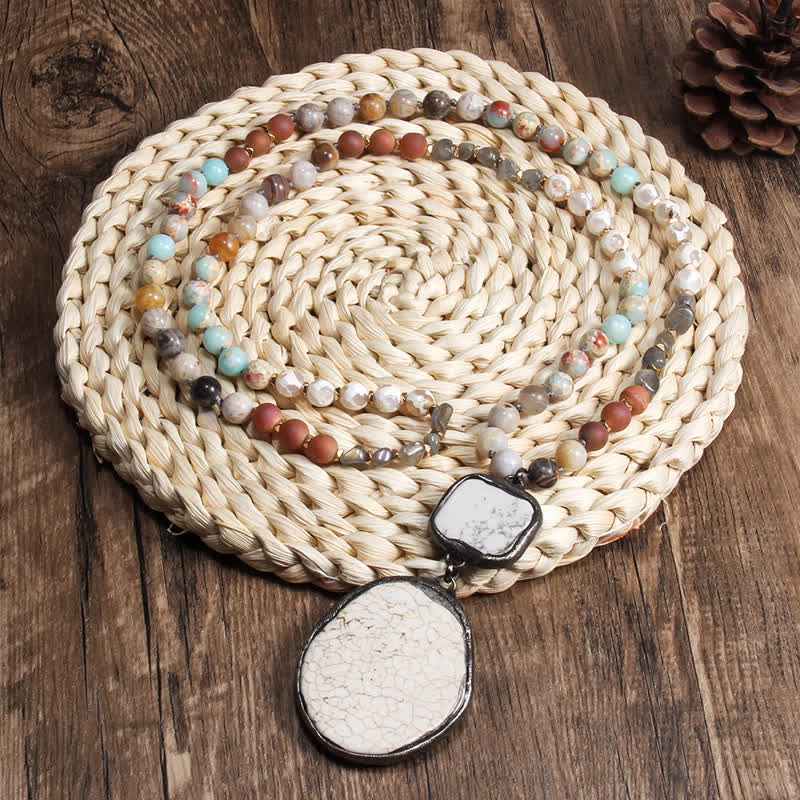 Collier pendentif en perles d'agate blanche et turquoise de 8 mm Olivenorma