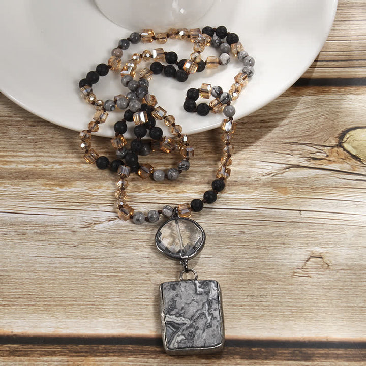 Collier pendentif carré en perles de pierre naturelle Olivenorma