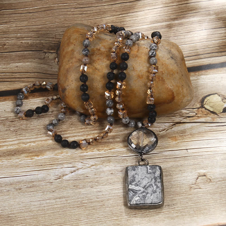 Collier pendentif carré en perles de pierre naturelle Olivenorma