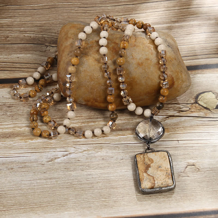 Collier pendentif carré en perles de pierre naturelle Olivenorma