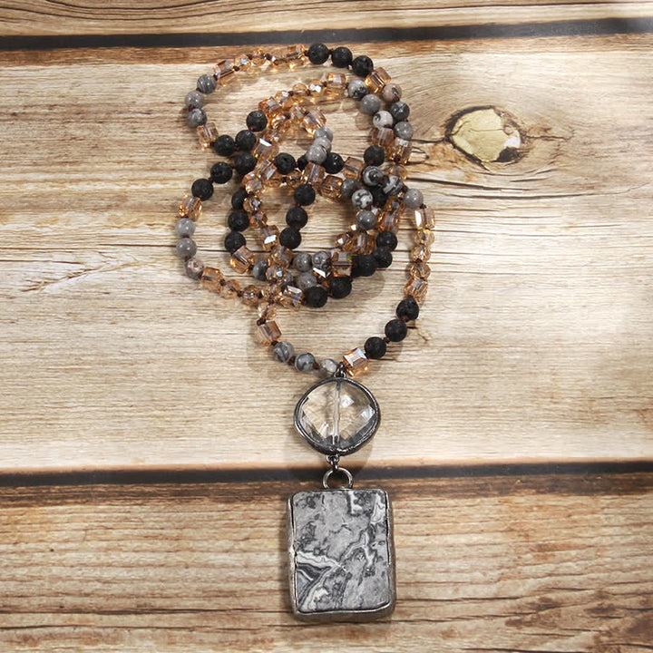 Collier pendentif carré en perles de pierre naturelle Olivenorma