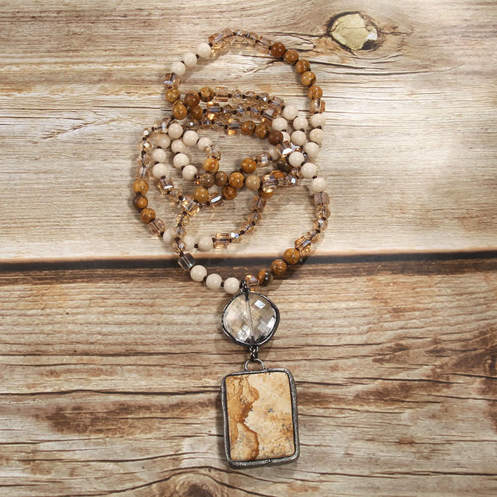 Collier pendentif carré en perles de pierre naturelle Olivenorma