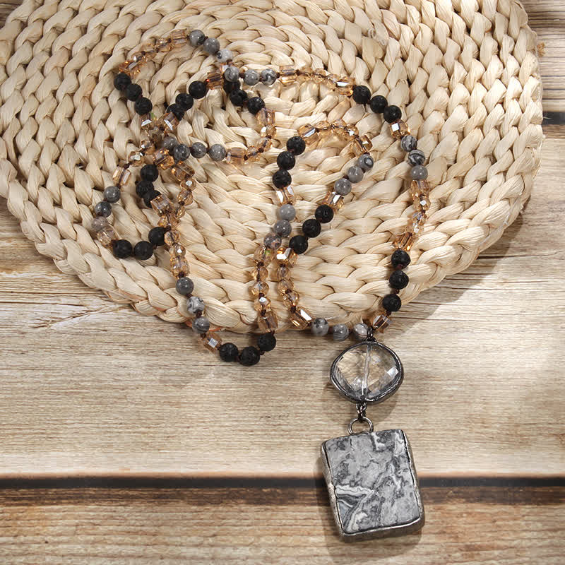 Collier pendentif carré en perles de pierre naturelle Olivenorma