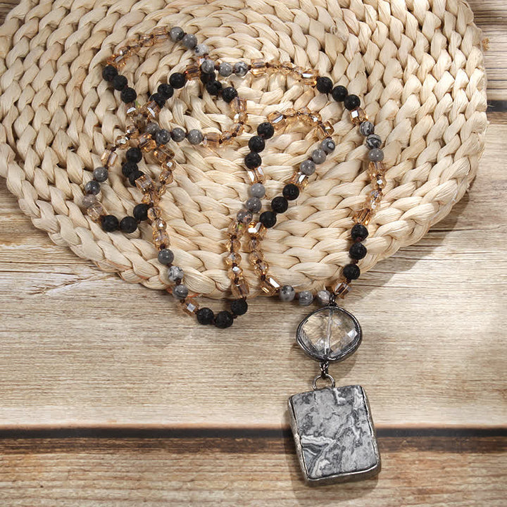 Collier pendentif carré en perles de pierre naturelle Olivenorma