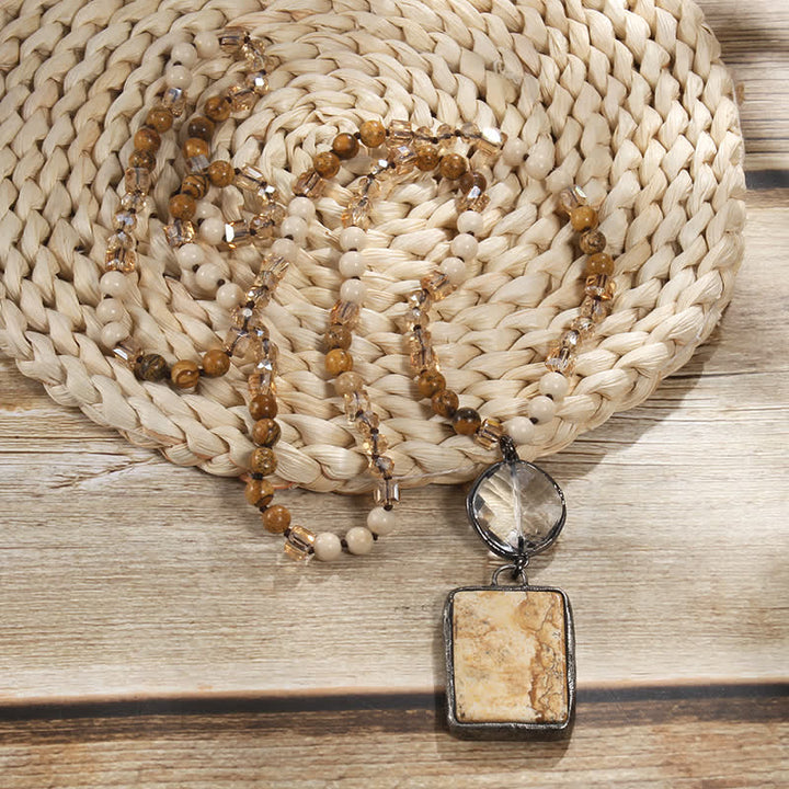 Collier pendentif carré en perles de pierre naturelle Olivenorma