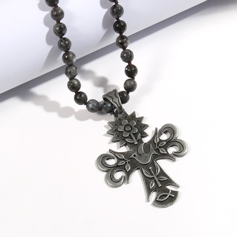 Collier pendentif croix en perles de pierre de lave labradorite Olivenorma de 8 mm