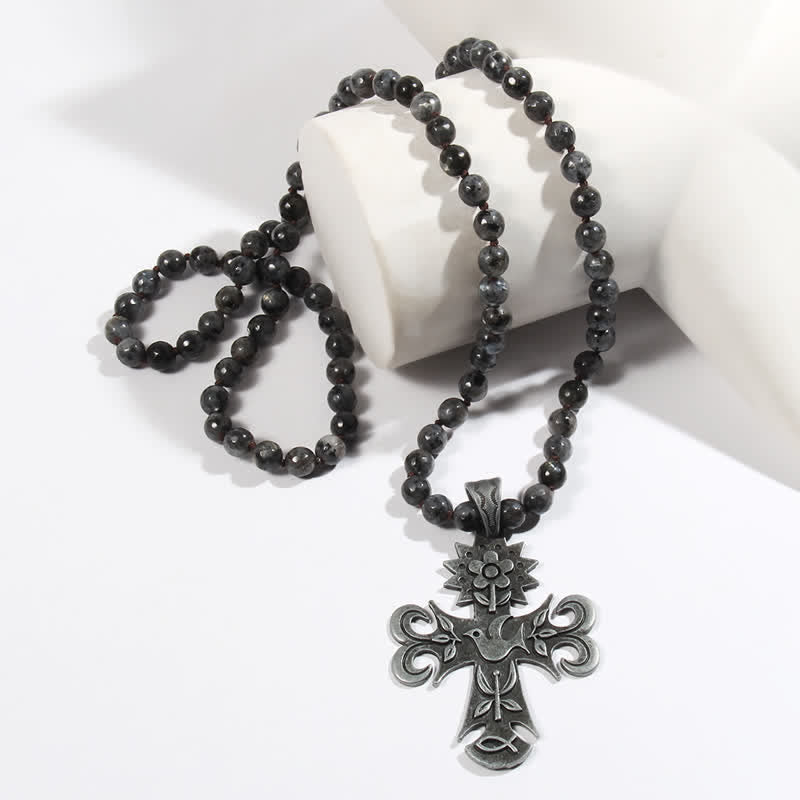 Collier pendentif croix en perles de pierre de lave labradorite Olivenorma de 8 mm