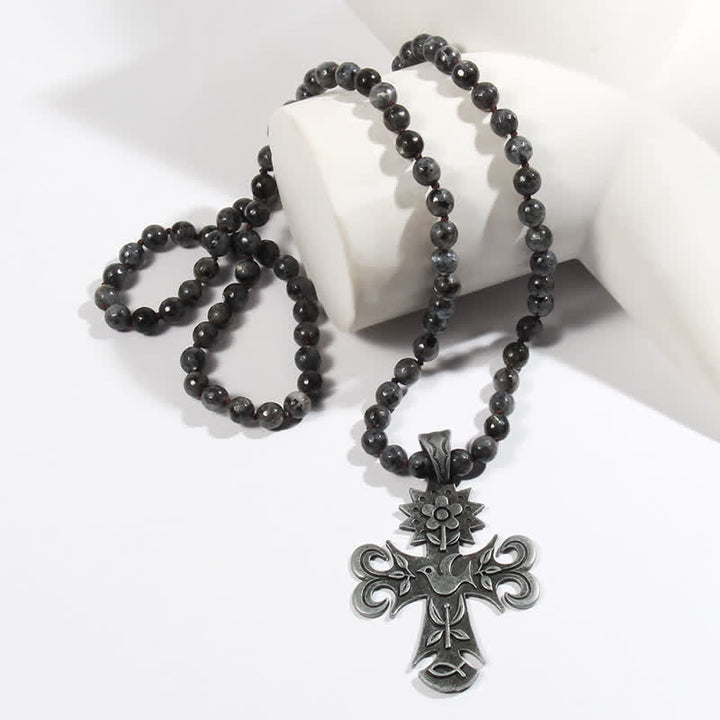 Collier pendentif croix en perles de pierre de lave labradorite Olivenorma de 8 mm