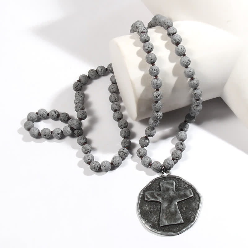 Collier pendentif croix en perles de pierre de lave labradorite Olivenorma de 8 mm