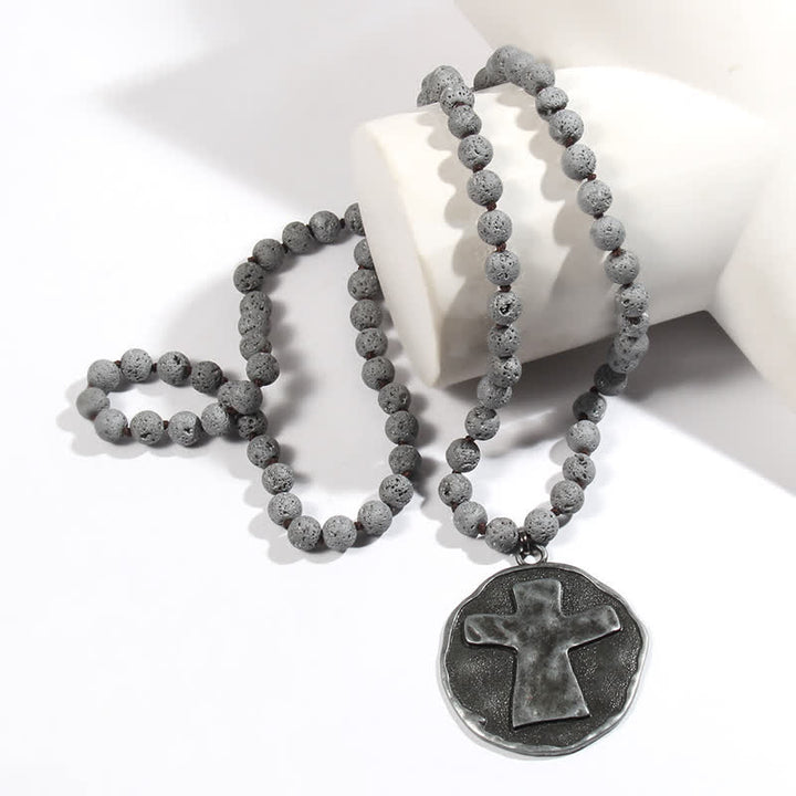 Collier pendentif croix en perles de pierre de lave labradorite Olivenorma de 8 mm