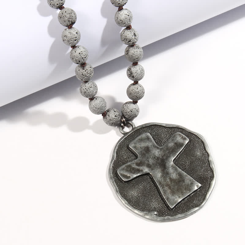 Collier pendentif croix en perles de pierre de lave labradorite Olivenorma de 8 mm