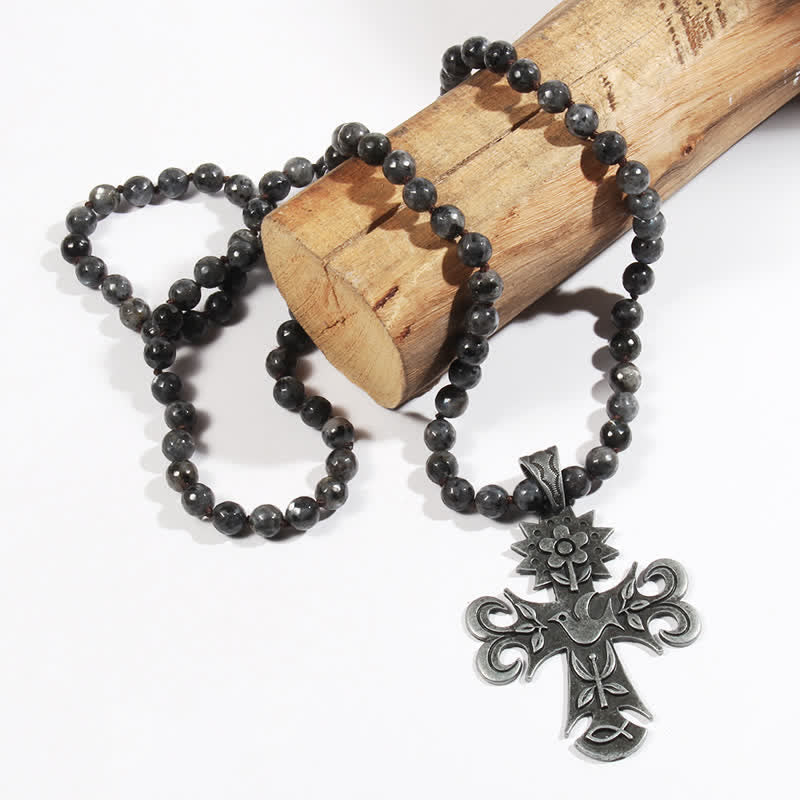 Collier pendentif croix en perles de pierre de lave labradorite Olivenorma de 8 mm
