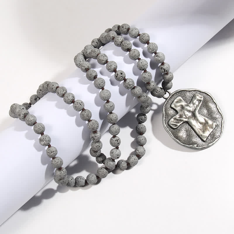 Collier pendentif croix en perles de pierre de lave labradorite Olivenorma de 8 mm