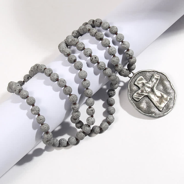 Collier pendentif croix en perles de pierre de lave labradorite Olivenorma de 8 mm