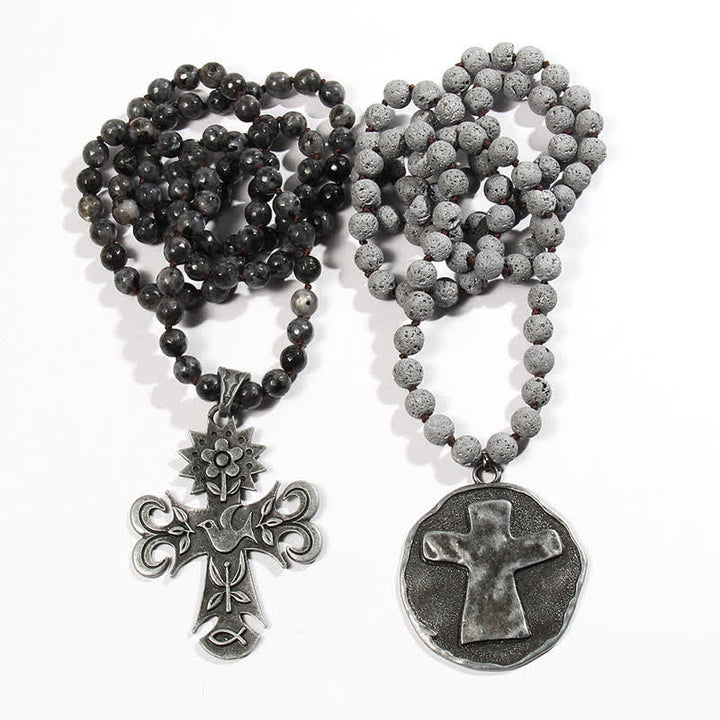 Collier pendentif croix en perles de pierre de lave labradorite Olivenorma de 8 mm
