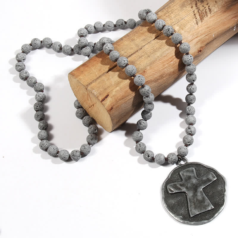 Collier pendentif croix en perles de pierre de lave labradorite Olivenorma de 8 mm