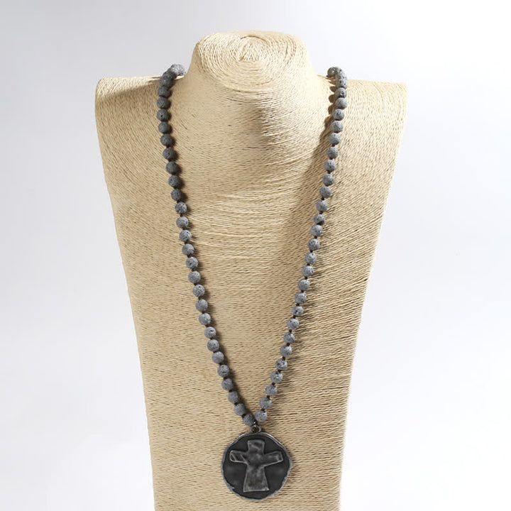 Collier pendentif croix en perles de pierre de lave labradorite Olivenorma de 8 mm