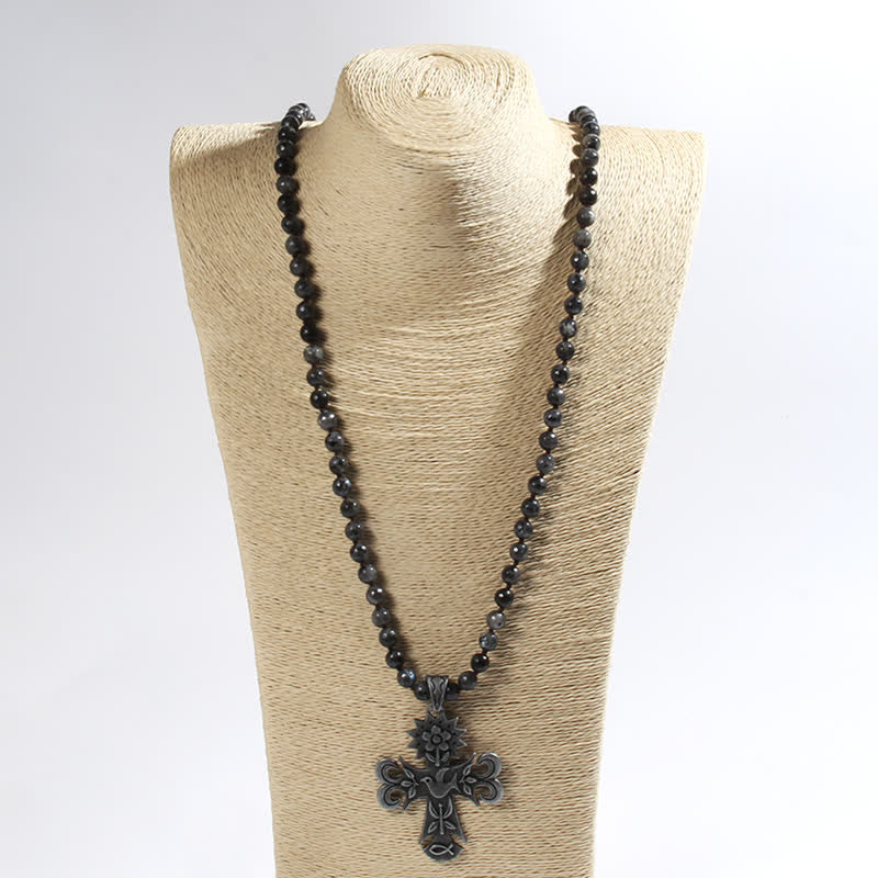Collier pendentif croix en perles de pierre de lave labradorite Olivenorma de 8 mm