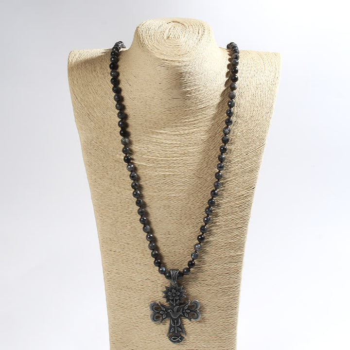 Collier pendentif croix en perles de pierre de lave labradorite Olivenorma de 8 mm