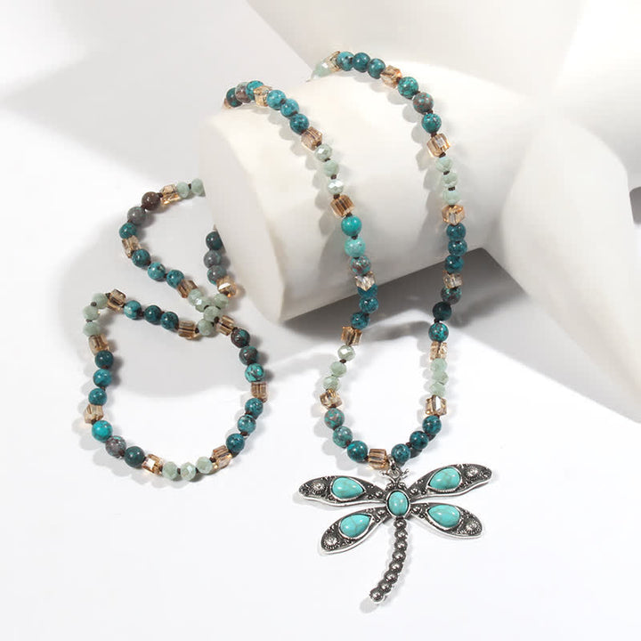 Collier pendentif libellule turquoise avec perles de 6 mm Olivenorma