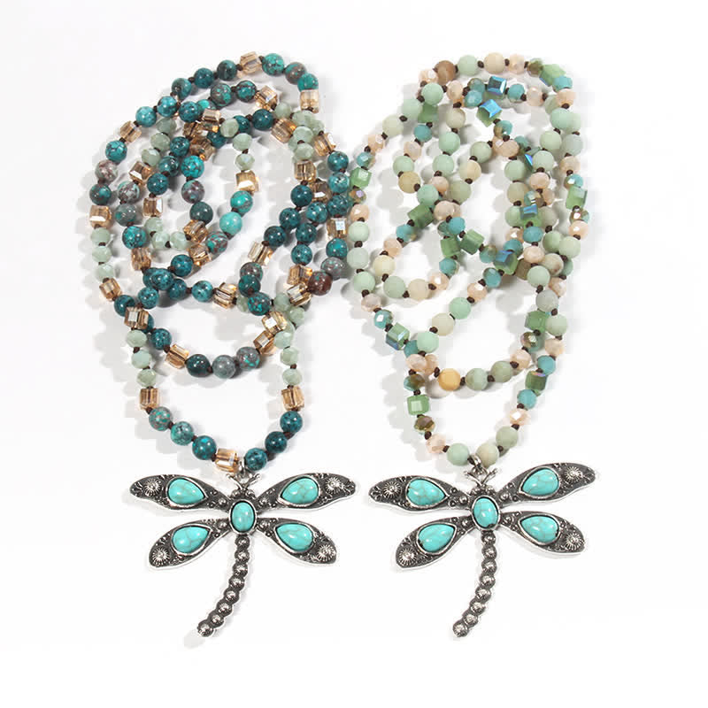 Collier pendentif libellule turquoise avec perles de 6 mm Olivenorma