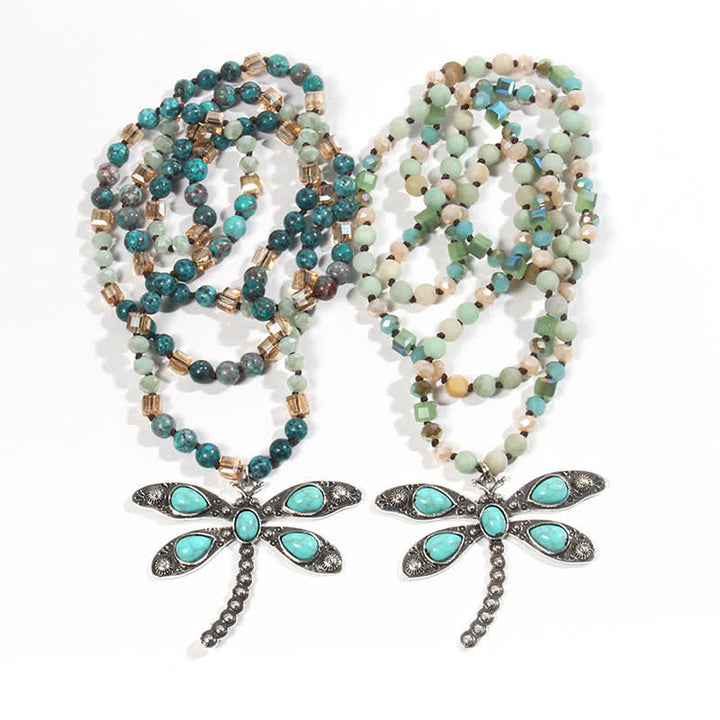 Collier pendentif libellule turquoise avec perles de 6 mm Olivenorma