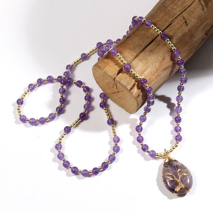 Collier avec pendentif en forme de goutte d'arbre de vie en perles de pierre Olivenorma