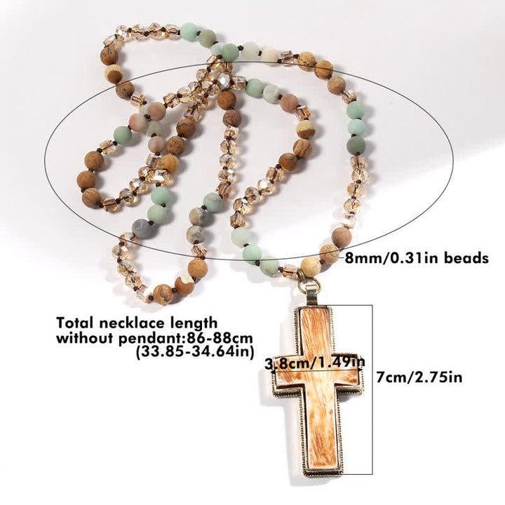 Collier pendentif croix en résine et perles en pierre naturelle Olivenorma