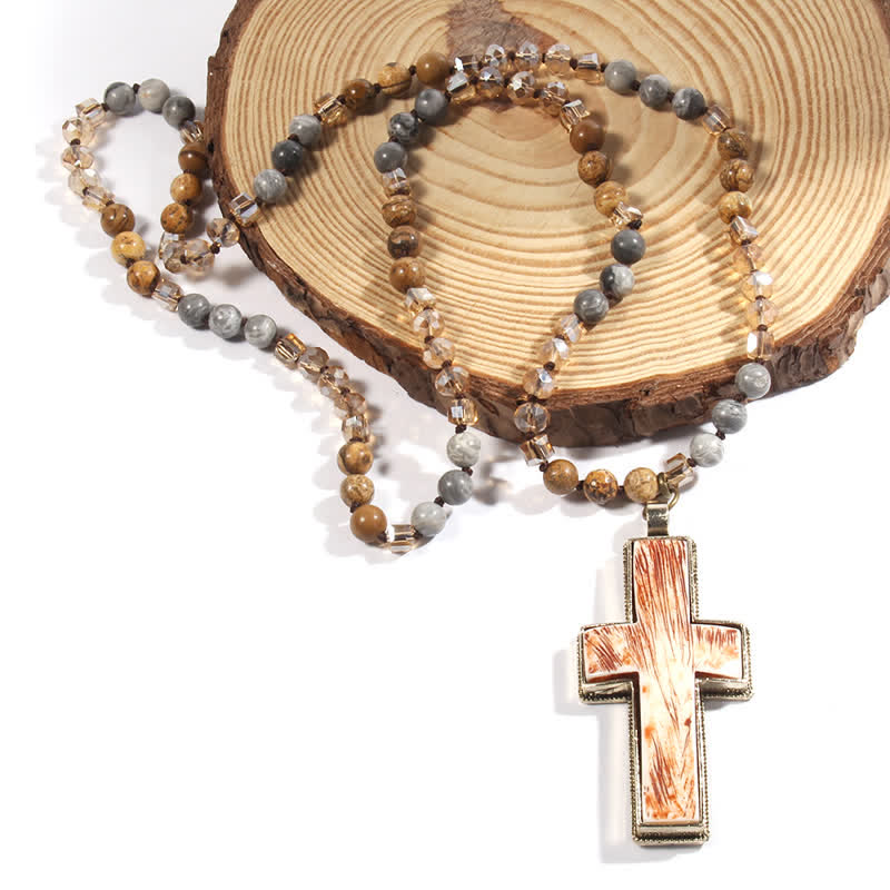 Collier pendentif croix en résine et perles en pierre naturelle Olivenorma
