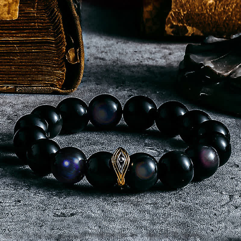 Bracelet de perles contre le mauvais œil en obsidienne naturelle en or et argent Olivenorma