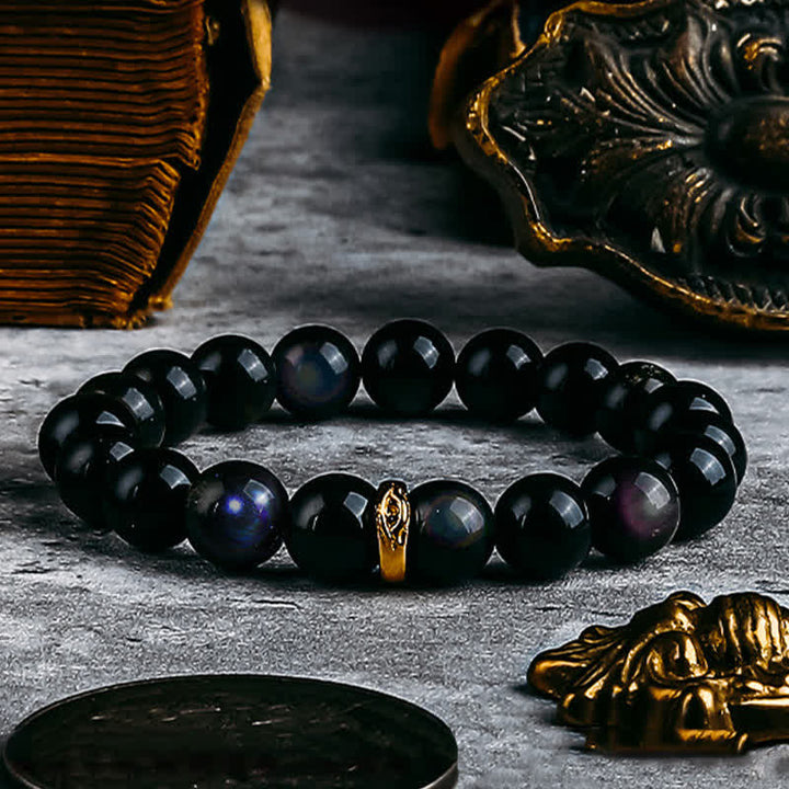 Bracelet de perles contre le mauvais œil en obsidienne naturelle en or et argent Olivenorma