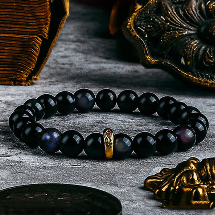 Bracelet de perles contre le mauvais œil en obsidienne naturelle en or et argent Olivenorma