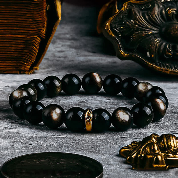 Bracelet de perles contre le mauvais œil en obsidienne naturelle en or et argent Olivenorma