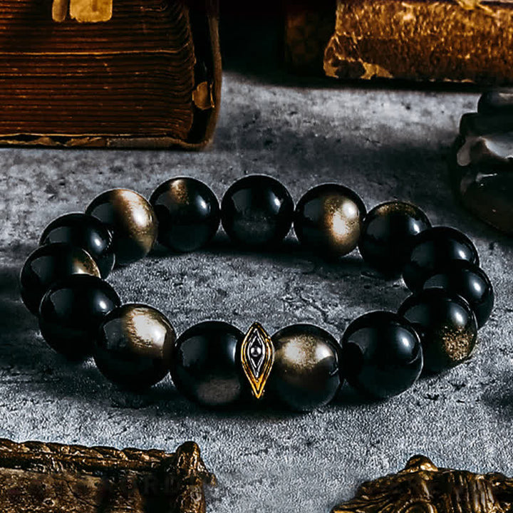 Bracelet de perles contre le mauvais œil en obsidienne naturelle en or et argent Olivenorma