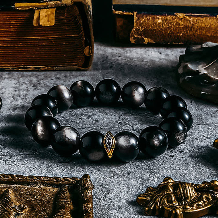Bracelet de perles contre le mauvais œil en obsidienne naturelle en or et argent Olivenorma