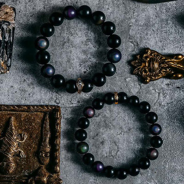 Bracelet de perles contre le mauvais œil en obsidienne naturelle en or et argent Olivenorma