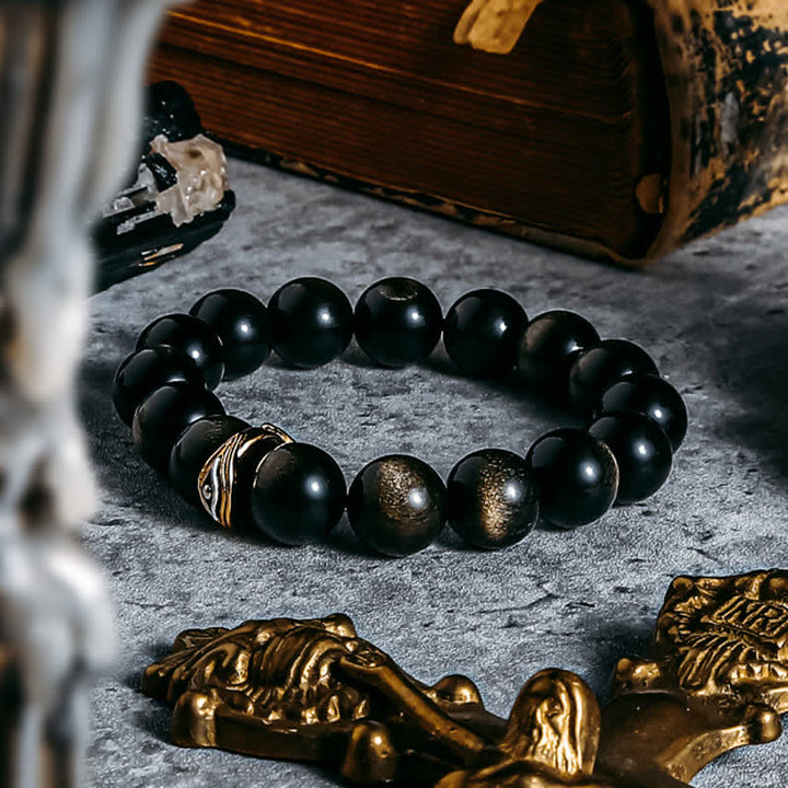 Bracelet de perles contre le mauvais œil en obsidienne naturelle en or et argent Olivenorma