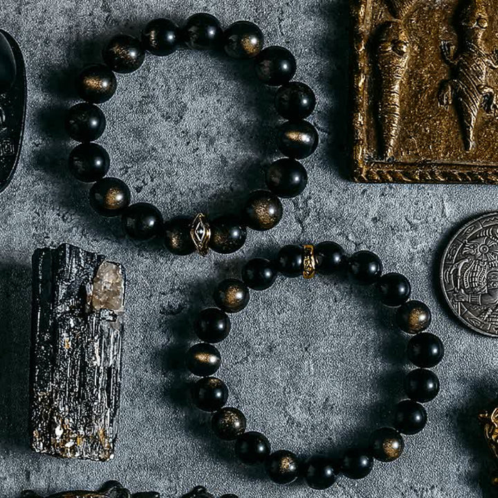 Bracelet de perles contre le mauvais œil en obsidienne naturelle en or et argent Olivenorma
