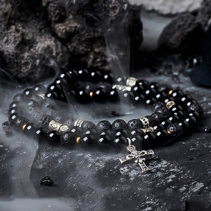 Bracelet de perles pour homme en pierre de lave et labradorite noire Olivenorma - Pierre de lave et obsidienne - 18 cm - image 0