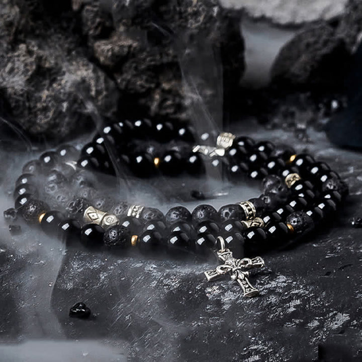 Bracelet de perles pour homme en pierre de lave et labradorite noire Olivenorma - Pierre de lave et obsidienne - 18 cm - image 0