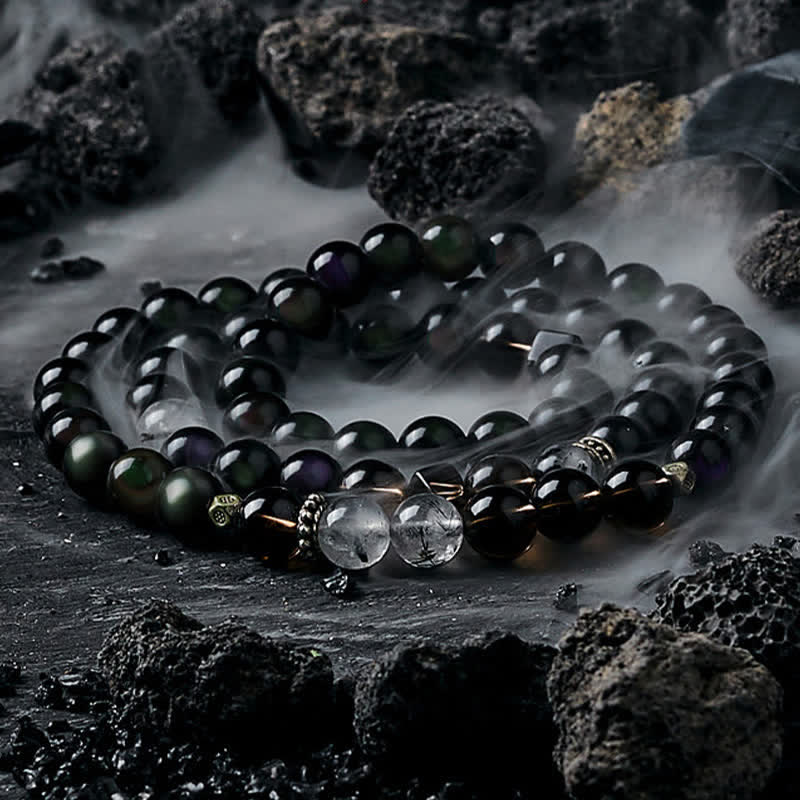 Bracelet de perles pour homme en obsidienne et quartz fumé Olivenorma - Obsidienne - 18 cm - image 0