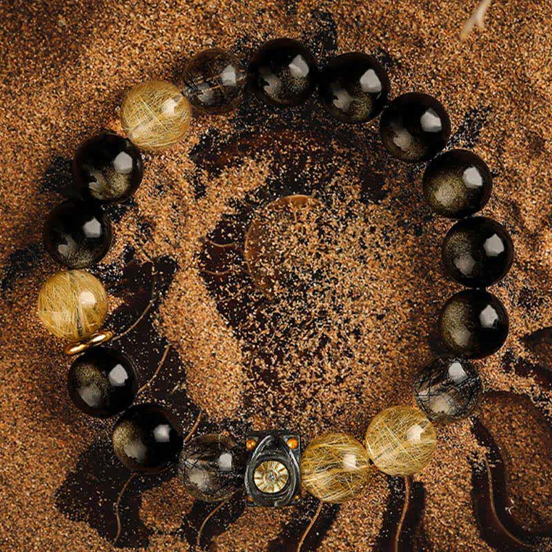 Bracelet de perles pour homme en quartz rutile doré et obsidienne Olivenorma - image 5