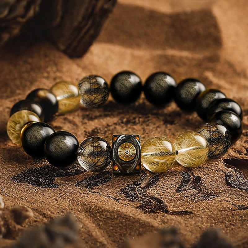 Bracelet de perles pour homme en quartz rutile doré et obsidienne Olivenorma - Obsidienne dorée et quartz rutile doré - 17-18 cm - image 0