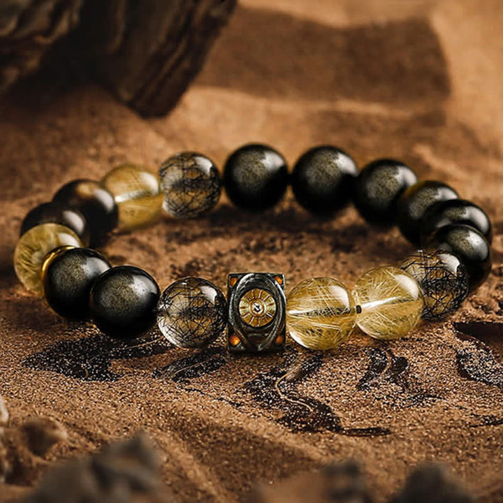 Bracelet de perles pour homme en quartz rutile doré et obsidienne Olivenorma - Obsidienne dorée et quartz rutile doré - 17-18 cm - image 0