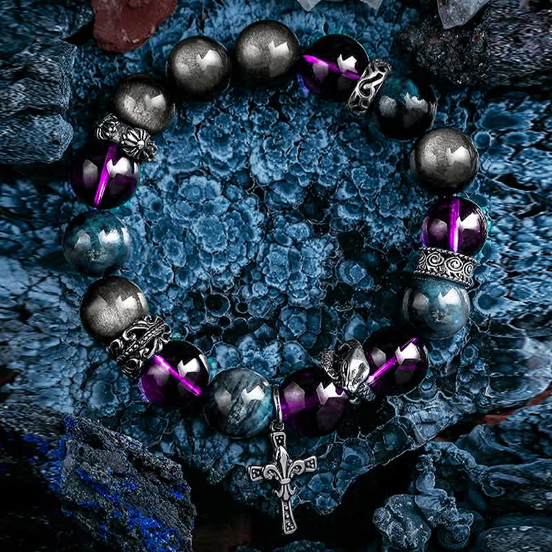 Bracelet de perles pour homme en améthyste, obsidienne et apatite bleue Olivenorma - image 4