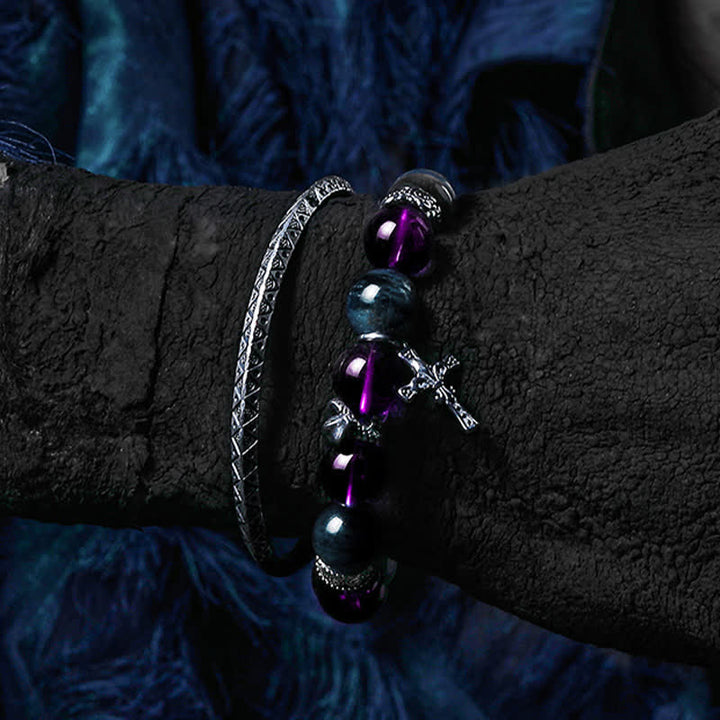 Bracelet de perles pour homme en améthyste, obsidienne et apatite bleue Olivenorma - image 1