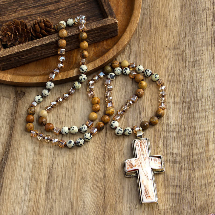 Collier pendentif croix en résine et perles en pierre naturelle Olivenorma
